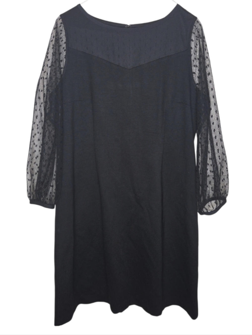 Talbot's Black Ponte Knit Mesh Dot Sheer Sleeve Shift Dress Size 14 Petite